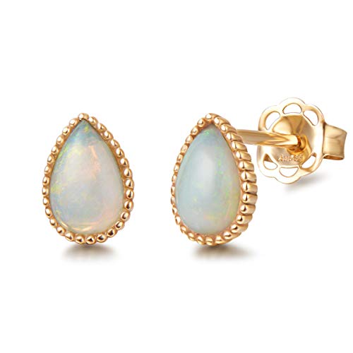 FANCIME Solide 14 Karat 585 Gelb Gold Tropfen Ohrringe Ohrstecker mit Echt Natürlich Opal Geschenk Schmuck für Damen Mädchen Mama, Größe: 5 * 7 mm von FANCIME