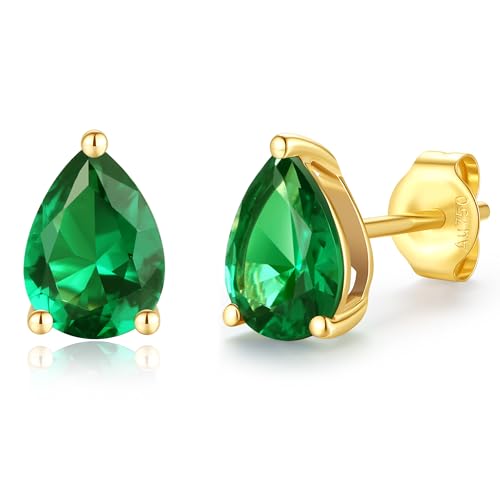 FANCIME Solide 14 Karat 585 Gelb Gold Tropfen Ohrringe Ohrstecker mit Echt Synthetische Smaragd Geschenk Schmuck für Damen Mädchen Mama, Größe: 5 * 7.7 mm von FANCIME
