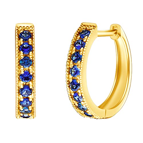 FANCIME Solide 14 Karat 585 Gold Creolen Huggies Ohrringe mit Echt Natürlichem Blau Saphir Schmuck September Geburtsstein Geschenk für Damen Mädchen, Durchmesser: 12.5 mm von FANCIME