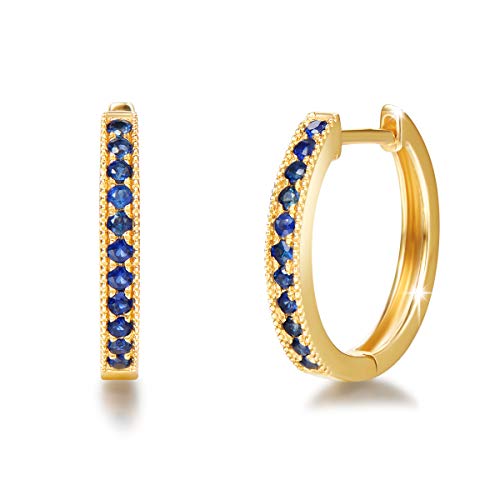 FANCIME Solide 14 Karat 585 Gold Creolen Huggies Ohrringe mit Natürlichem Blau Saphir 0.25 ct Echt Schmuck für Damen Mädchen, Durchmesser: 15 mm von FANCIME