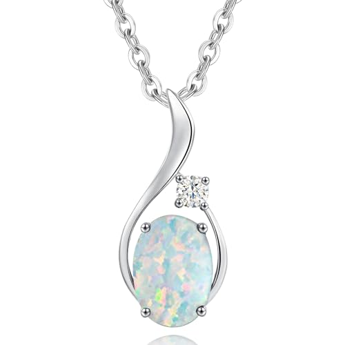 FANCIME Solide 14 Karat 585 Weiß Gold Anhänger Kette mit Elliptisch Synthetisch Opal und 0.031ct echt Diamant, Feine Geschenk Schmuck für Damen Mädchen, 925 Silber Kette: 40 + 5 cm von FANCIME