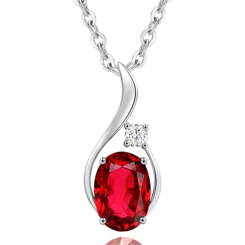 FANCIME Solide 14 Karat 585 Weiß Gold Anhänger Kette mit Elliptisch Synthetisch Rubin und 0.031ct echt Diamant, Feine Geschenk Schmuck für Damen Mädchen, 925 Silber Kette: 40 + 5 cm von FANCIME