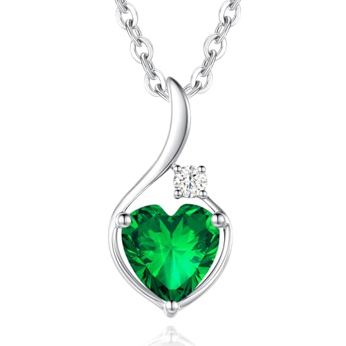 FANCIME Solide 14 Karat 585 Weiß Gold Anhänger Kette mit Herz Erstellter Smaragd und 0.032ct echt Diamant, Feine Geschenk Schmuck für Damen Mädchen, 925 Silber Kette: 40 + 5 cm von FANCIME