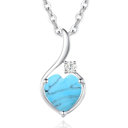 FANCIME Solide 14 Karat 585 Weiß Gold Anhänger Kette mit Herz Erstellter Türkis und 0.032ct echt Diamant, Feine Geschenk Schmuck für Damen Mädchen, 925 Silber Kette: 40 + 5 cm von FANCIME