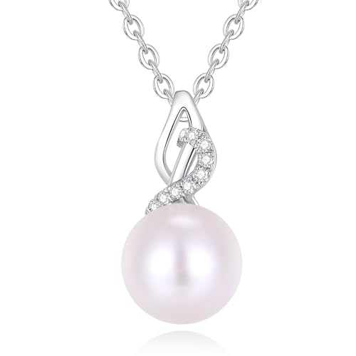 FANCIME Solide 14 Karat 585 Weiß Gold Anhänger Kette mit Süßwasserzuchtperle und echt Diamant (0,045 ct), Feine Geschenk Schmuck für Damen Mädchen, 925 Silber Kette: 40 + 5 cm von FANCIME