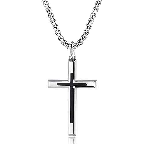 FANCIME Kreuz Halskette mit 925 Sterling Schwarz Kreuz Silber Anhänger, Edelstahl Kette Schmuck für Herren Jungs Kinder - Kettenlänge: 60 cm von FANCIME