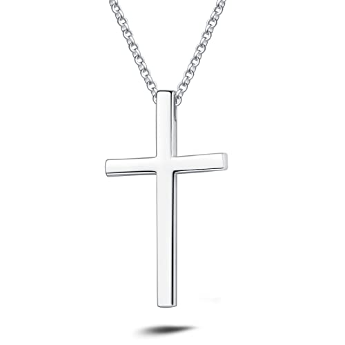 Carleen Solide 925 Sterling Silber Weiß Vergoldet MittelGroße Kreuz Anhänger mit Kette Schmuck für Herren Jungs Kinder - Kettenlänge: 60 cm von Carleen