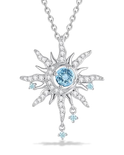 FANCIME Sonne und Mond Halskette Damen Sterling Silber Kette Aquamarin Anhänger März Geburtstein Halskette Rot Edelsteinschmuck Geburtstag Mütter Tag Geschenke für Frauen Ihre Mutter Frau von FANCIME