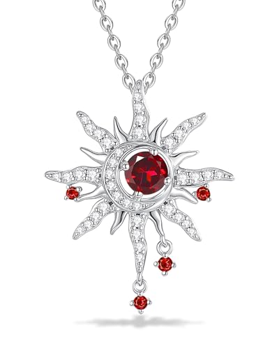 FANCIME Sonne und Mond Halskette Damen Sterling Silber Kette Granat Anhänger Januar Geburtstein Halskette Rot Edelsteinschmuck Geburtstag Mütter Tag Geschenke für Frauen Ihre Mutter Frau von FANCIME