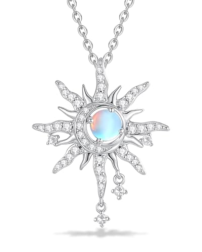 FANCIME Sonne und Mond Halskette Damen Sterling Silber Kette Mondstein Anhänger Juni Geburtstein Halskette Rot Edelsteinschmuck Geburtstag Mütter Tag Geschenke für Frauen Ihre Mutter Frau von FANCIME