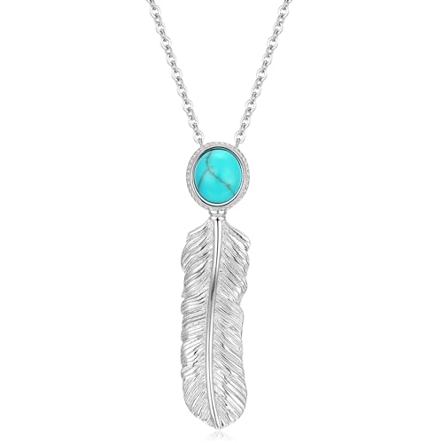 FANCIME Türkis Kette für Damen, 925 Sterling Silber Feder Türkis Anhänger Halsketten Türkis Echte Edelsteine Schmuck Geschenk für Frauen Mädchen, Kettenlänge: 40 + 5 cm von FANCIME