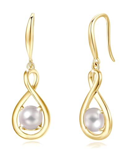FANCIME Weiße Perle Ohrringe Sterlingsilber 925 Hängend Gelbgold plattiert Zierlich Infinity Juni Geburtsstein Baumelnde Ohrringe Feiner Schmuck Geburtstagsgeschenke für Frauen Damen Mama von FANCIME