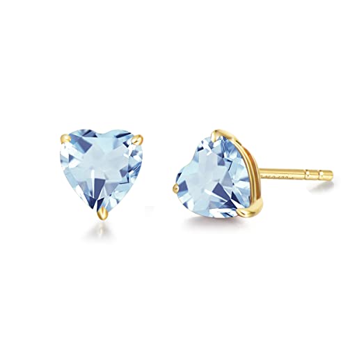 FANCIME Solide 14 Karat 585 Gelb Gold Herz Klein Ohrstecker Ohrringe mit 1,25 ct Echt Natürlich Aquamarin Schmuck für Damen Mädchen Mama, Größe: 5 * 5 mm von FANCIME