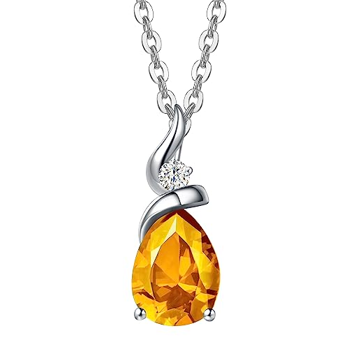 Solide 14 Karat 585 Weiß Gold Tropfen Anhänger mit 925 Sterling Silber Kette Halskette mit Natürlich Citrin und echt Diamant Schmuck für Damen mit Geschenk Box - Kettenlänge: 40 + 5 cm von FANCIME