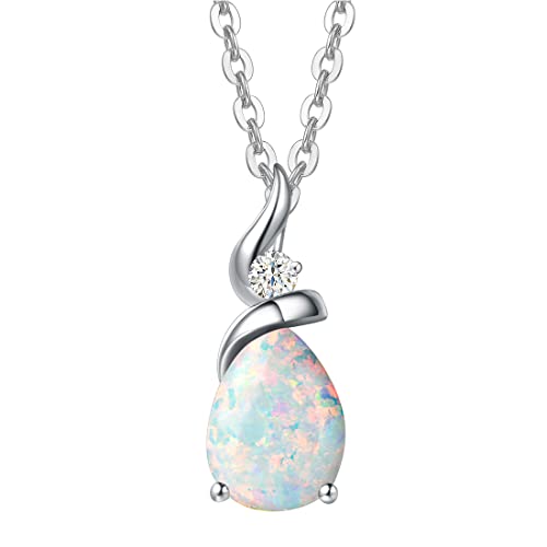 Solide 14 Karat 585 Weiß Gold Tropfen Anhänger mit 925 Sterling Silber Kette Halskette mit Natürlich Opal und echt Diamant Schmuck für Damen mit Geschenk Box - Kettenlänge: 40 + 5 cm von FANCIME