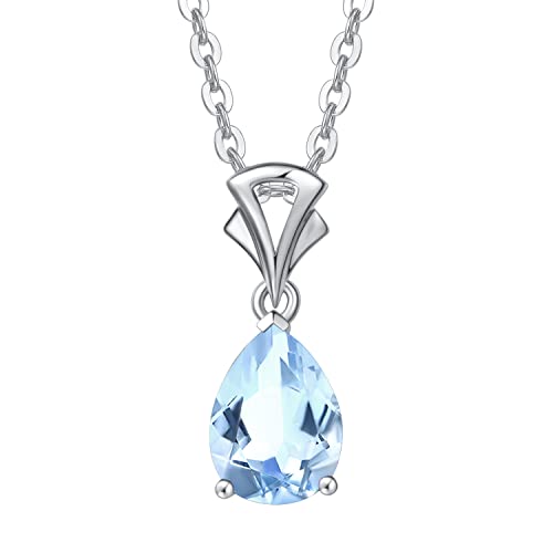 Solide 14 Karat 585 Weiß Gold Tropfen Anhänger mit 925 Sterling Silber Kette Minimalist Halskette mit Synthetisch Aquamarin echt Schmuck für Damen Mädchen mit Geschenk Box - Kettenlänge: 40 + 5 cm von FANCIME