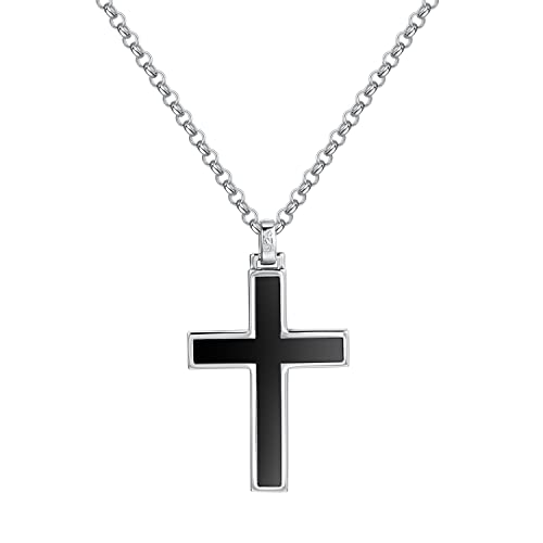 Solide 925 Sterling Silber mit Weiß Vergoldet Kreuz Schwarz Onyx Anhänger mit Silber Kette für Herren Jungs Kinder - Kettenlänge: 60 cm von FANCIME