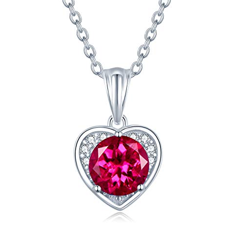 FANCIME Synthetisch Rubin Kette für Damen aus 925 Sterling Silber Juli Geburtsstein Rot Ruby Herz Anhänger Halskette Schmuck für Frauen Kinder - Kettenlänge: 40+5 cm von FANCIME