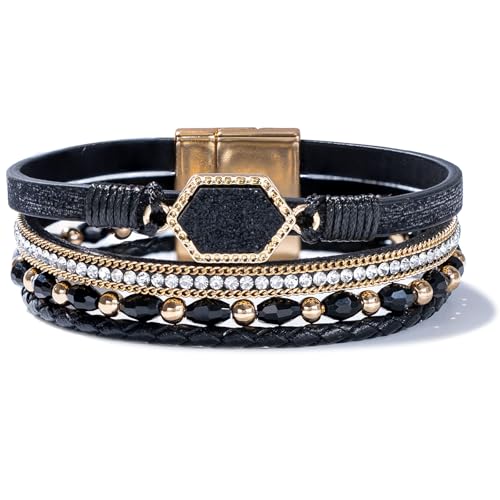 FANCY SHINY Wickelarmband aus Leder mit Kristallperlen, stapelbar, Boho-Schmuck für Damen, Kunstharz, Stein, Armreif mit Magnetverschluss, 7.7" x 0.8", Strassstein, Kein Edelstein FANCY SHINY Wickelarmband aus Leder mit Kristallperlen, stapelbar, Boho-Schmuck für Damen, Kunstharz, Stein, Armreif mit Magnetverschluss, 7.7" x 0.8", Strassstein, Kein Edelstein von FANCY SHINY