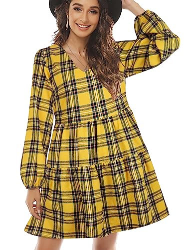 FANCYINN Abito Scozzese da Donna Con Maniche Lunghe a Campana Mini Abito Scampanato Con Volant e Tasche Giallo XL von FANCYINN