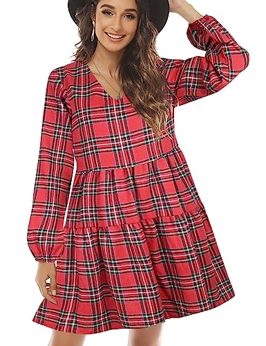 FANCYINN Abito Scozzese da Donna Con Maniche Lunghe a Campana Mini Abito Scampanato Con Volant e Tasche Rosso e Giallo S von FANCYINN