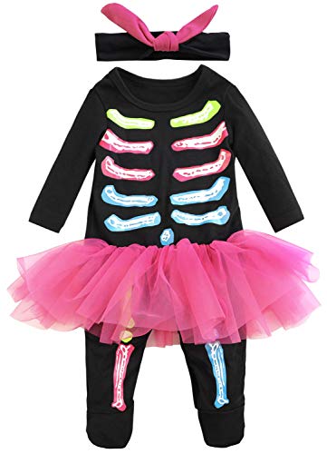 FANCYINN Baby Boy Mädchen Halloween Kostüm Skeleton Romper Fancy Bones Skelett Kostüm Kleid mit Stirnband Rosa 73 (6-12M) von FANCYINN