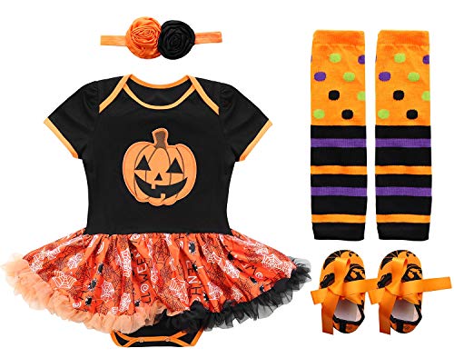 FANCYINN Baby Girls Mein 1. Halloween Outfit Kürbis Kurzarm Strampler Tutu Rock + Stirnband + Beinwärmer + Schuhe Kleinkind Party Halloween Kostüm 4St Mehrfarbig von FANCYINN