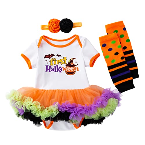 FANCYINN Baby Girls Mein 1. Halloween Outfit Kürbis Kurzarm Strampler Tutu Rock + Stirnband + Beinwärmer + Schuhe Kleinkind Party Halloween Kostüm Klassischer Kürbis 80 (12-24M) von FANCYINN