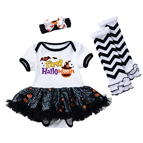 FANCYINN Baby Girls Mein 1. Halloween Outfit Kürbis Kurzarm Strampler Tutu Rock + Stirnband + Beinwärmer + Schuhe Kleinkind Party Halloween Kostüm Kürbis Spinnennetz 80 (12-24M) von FANCYINN