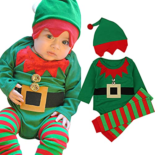 FANCYINN Baby Junge Mädchen Weihnachtselfe Outfit Weihnachtsmann Overall Strampler mit Beinwärmer Mütze 3 Stück 70 0-3 Monate von FANCYINN