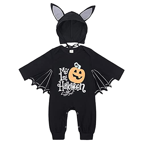 FANCYINN Baby Jungen Mädchen Karneval Kostüme Langarm Fledermaus Strampler Body Skeleton Overall Cosplay Kostüm Overalls Hut Outfits 2 Stück Kürbis bedruckt 3-6 Monate von FANCYINN