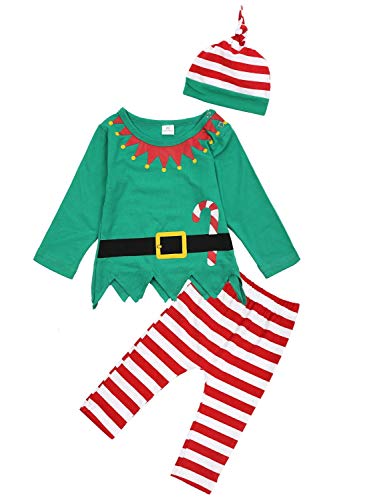 FANCYINN Baby Jungen Mädchen Weihnachtsoutfits Baby Jungen Elfenkostüme Langarm T-Shirt Tops mit gestreiften Hosen & Hut Set Grüne Outfits Weihnachtselfe & Zuckerstange 12-24 Monate von FANCYINN