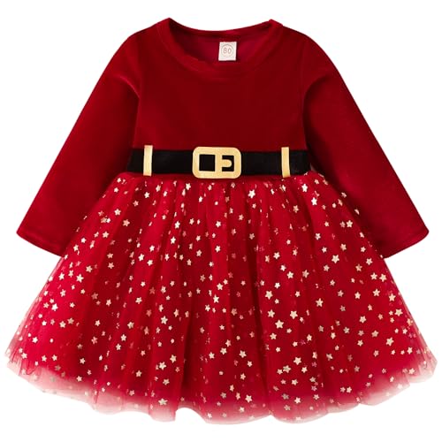 FANCYINN Baby Kleinkind Mädchen Weihnachtsfeier Outfits Neugeborene Langarm Winter Pullover Samt Pailletten Kleid mit Gürtel Red Mesh 18-24 Monate von FANCYINN