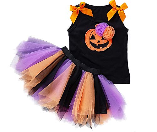 FANCYINN Baby Mädchen Kürbis Skelett Tutu Kleid Baby Mädchen Mein 1. Halloween Kostüm Outfit 2Stk Kürbis von FANCYINN
