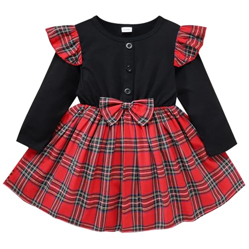 FANCYINN Baby Mädchen Weihnachten Kleider Baby Mädchen Lange Ärmel Weihnachtsbaum Print Kleid Kleinkinder Kleid schwarz & rot 5-6T von FANCYINN