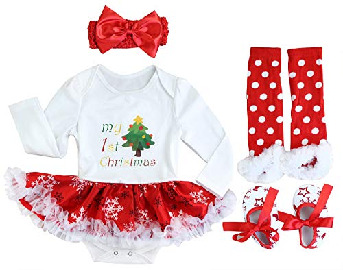 FANCYINN Baby Mädchen Weihnachten Tutu Tüll Kleid Weihnachtskleid Kleinkinder Weihnachten Strampler Kleid mit Stirnband Beinlinge & Schuhe Weißer Weihnachtsbaum 12-24 Monate von FANCYINN