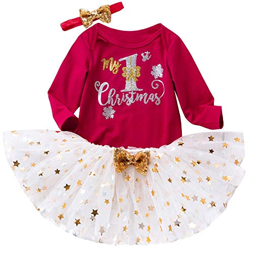 FANCYINN Baby Mädchen Weihnachten Tutu Tüll Kleid Weihnachten Tutu Kleid T-Shirt + Tutu Schleifenrock + Stirnband 3Pcs Set 6-12 Monate von FANCYINN