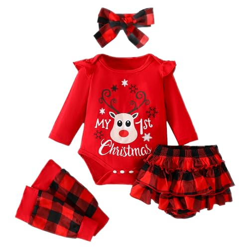 FANCYINN Baby Mädchen Weihnachten Tutu Tüll Kleid Mein Erstes Weihnachtskleid Kleinkinder Weihnachten Strampler Kleid mit Stirnband Beinlinge Rot Hirsch 0-3 Monate von FANCYINN