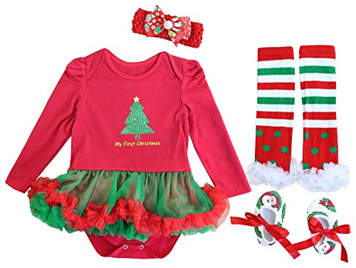 FANCYINN Baby Mädchen Weihnachten Tutu Tüll Kleid Weihnachtskleid Kleinkinder Weihnachten Strampler Kleid mit Stirnband Beinlinge & Schuhe Roter Weihnachtsbaum 0-3 Monate von FANCYINN