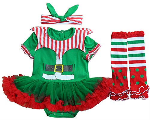 FANCYINN Baby Mädchen Weihnachten Tutu Tüll Kleid Weihnachten Party Tutu Kleid Strampler mit Stirnband Beinwärmer & Schuhe 3PCS Set Grün 6-12 Monate von FANCYINN