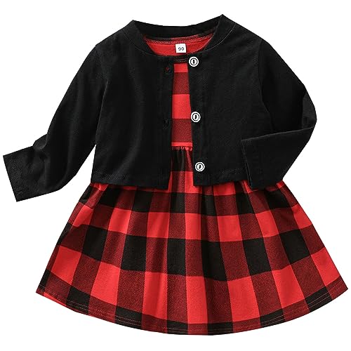 FANCYINN Baby Mädchen Weihnachten rot und schwarz Kariertes Langarmkleid & Schwarze Strickjacke Set 2 Stück 100 12-24 Monate von FANCYINN