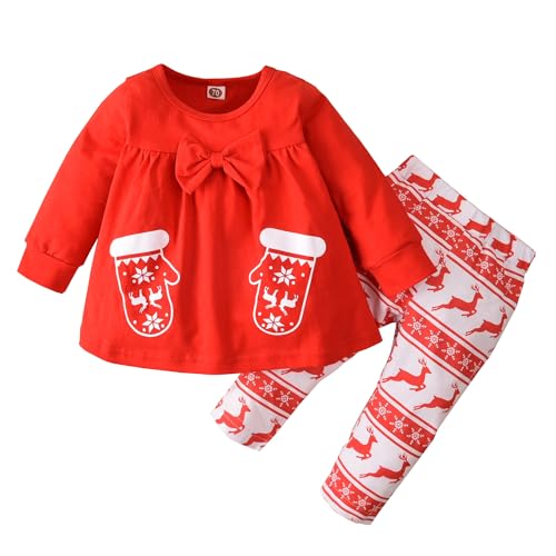 FANCYINN Baby Mädchen Weihnachtskostüm Outfits Kleinkind Mädchen Weihnachtsmann Langarm Tops + Bedruckte Lange Hosen 2 Stück 0-6 Monate von FANCYINN