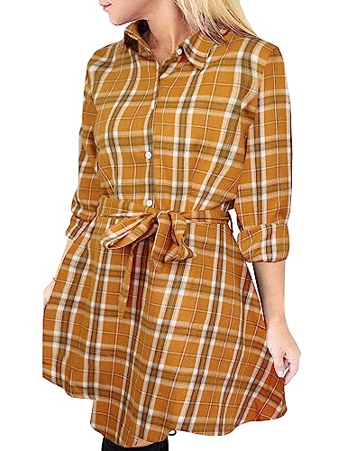 FANCYINN Blusenkleid Damen Kariert Langarm Hemdkleid Gestreift Kleid Lässige Kleidung mit Gürtel Orange & Weiß XS von FANCYINN
