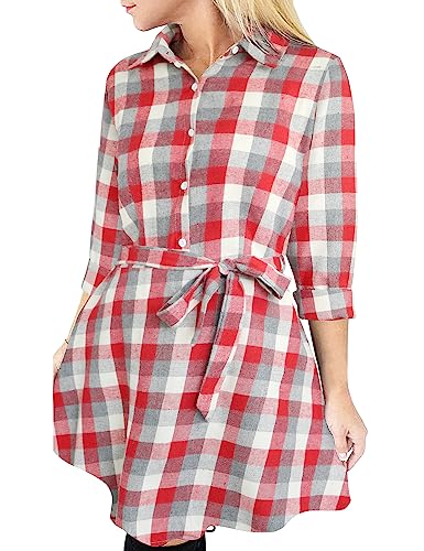 FANCYINN Blusenkleid Damen Weihnachtskleid Kariert Langarm Weihnachten Hemdkleid Gestreift Kleid Lässige Kleidung mit Gürtel Frauen Weihnachtsoutfit für Party Rot Weiß Grau S von FANCYINN