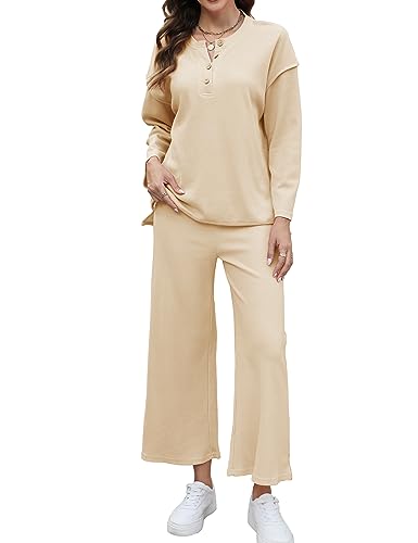 FANCYINN Damen 2 Stück Outfit Elegant Hosenanzug Langarm Rundhalsausschnitt Bluse + Weites Bein Hose Zweiteiler Lounge Set Casual Loungewear Trainingsanzug Aprikose L von FANCYINN