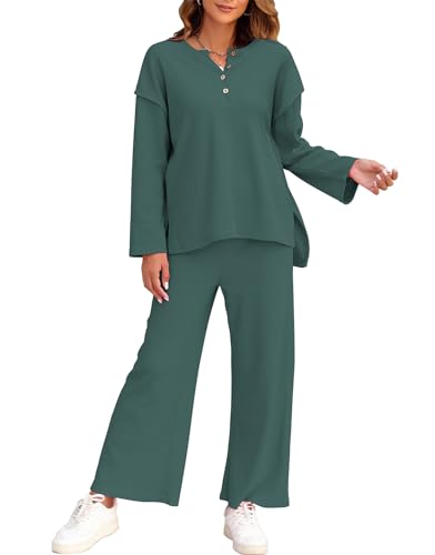 FANCYINN Damen 2 Stück Outfit Elegant Hosenanzug Langarm Rundhalsausschnitt Bluse + Weites Bein Hose Zweiteiler Lounge Set Casual Loungewear Trainingsanzug Drak Grün S von FANCYINN
