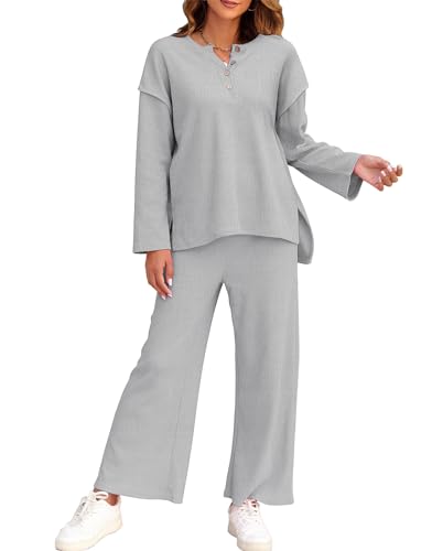 FANCYINN Damen 2 Stück Outfit Elegant Hosenanzug Langarm Rundhalsausschnitt Bluse + Weites Bein Hose Zweiteiler Lounge Set Casual Loungewear Trainingsanzug Grau M von FANCYINN