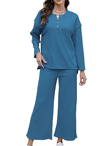FANCYINN Damen 2 Stück Outfit Elegant Hosenanzug Langarm Rundhalsausschnitt Bluse + Weites Bein Hose Zweiteiler Lounge Set Casual Loungewear Trainingsanzug Indigo XL von FANCYINN