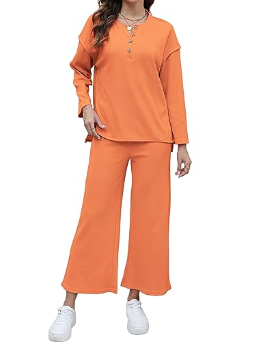 FANCYINN Damen 2 Stück Outfit Elegant Hosenanzug Langarm Rundhalsausschnitt Bluse + Weites Bein Hose Zweiteiler Lounge Set Casual Loungewear Trainingsanzug Orange L von FANCYINN