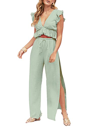 FANCYINN Jumpsuit Damen Zweiteiler 2 Teiler Crop Top Sexy V-Ausschnitt Hose mit Seitenschlitz Kordelzug Sommer Strand Urlaub Lässig Outfits L Hellgrün von FANCYINN